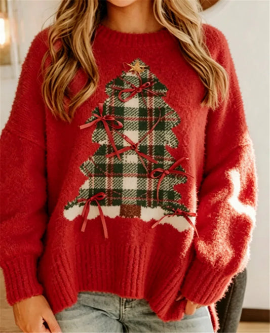 Fuzzy Plaid Christmas Tree Crew Neck Pullover