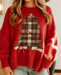 Fuzzy Plaid Christmas Tree Crew Neck Pullover