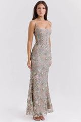 Sequin Embroidered Strap Lace Back Maxi Dress