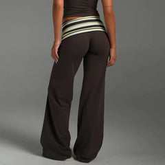 Brown Striped Fold Over Waist Long Yoga Pants