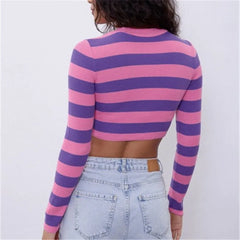 Purple Striped Ribbed Crew Neck Crop Top