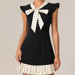 Ribbon V-Neck Pleated Hem Dotted Patchwork Mini Dress