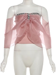Pink Mesh Sequin Applique Slash Neck Top