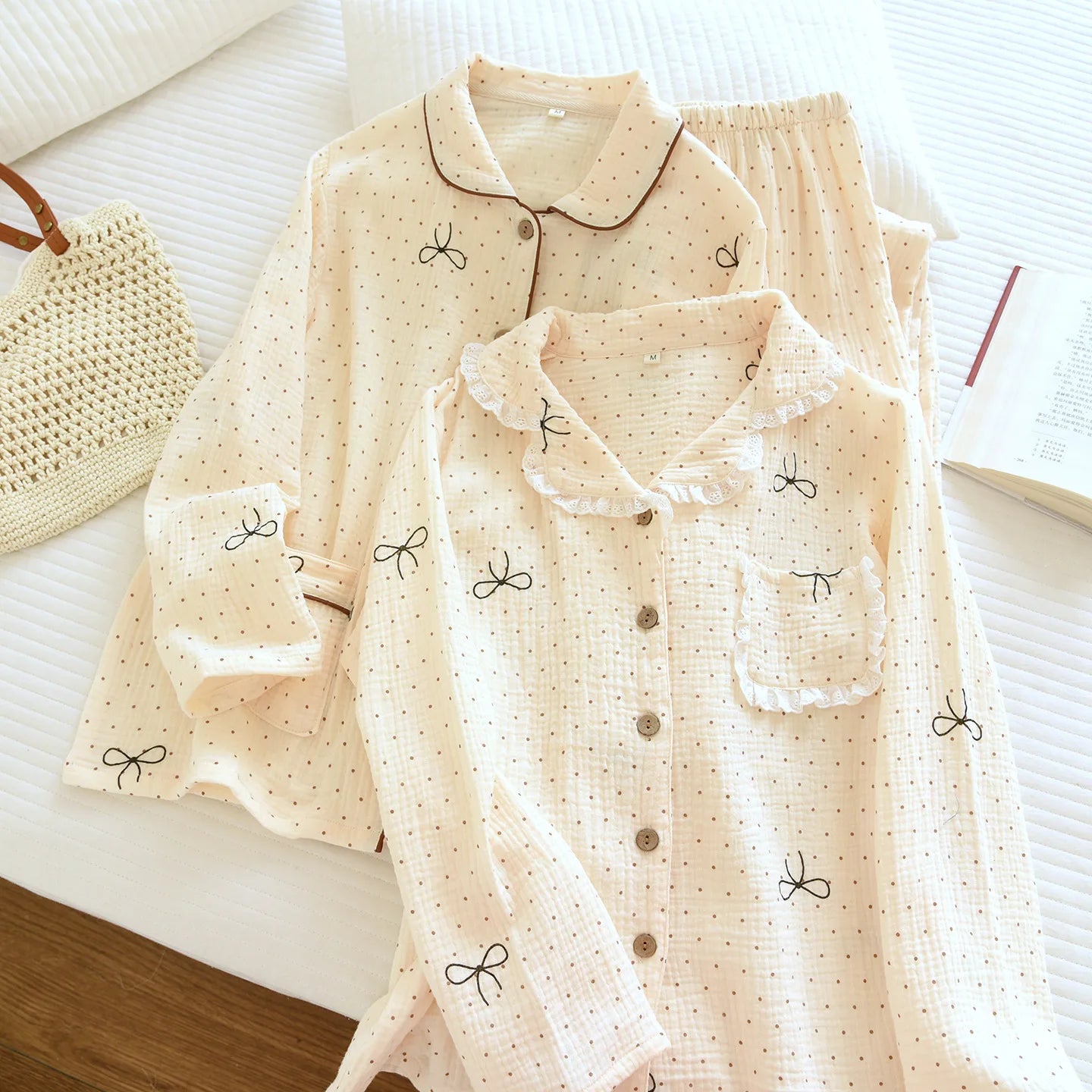pajama set with embroidered details on a light surface.