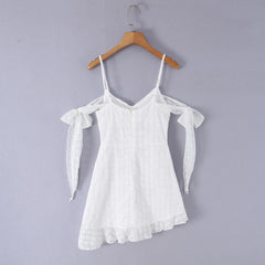 White Lace Off-Shoulder Tie Mini Dress