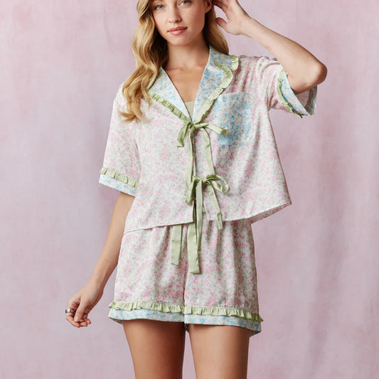 Bow Tie Floral Shirt And Shorts Set