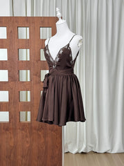 Brown Satin Spaghetti Strap Lace Patchwork Mini Dress
