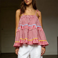 Red Checkered Spaghetti Strap Bow Tie Blouse
