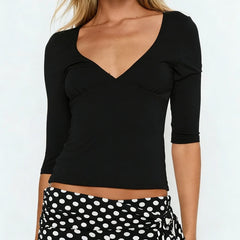 V-neck 3/4 Elbow Sleeve Fitted Wrap T-shirt
