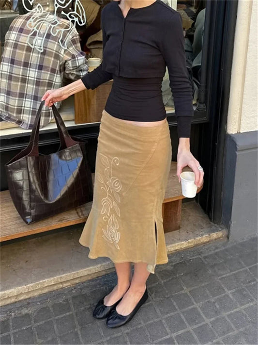 Embrodied Brown Pencil Midi Skirt