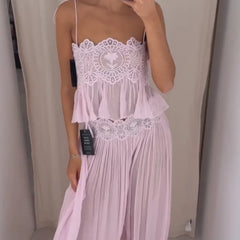 Lace Embroidered Square Neck Sheer Crop Top And Wide Pants Set