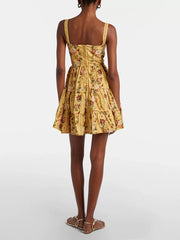 Yellow Floral Print Square Collar Mini Dress