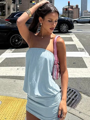 Blue Strapless Puff Drawstring Mini Dress