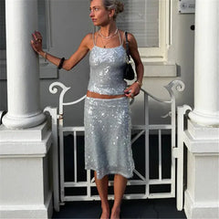 Silver Sequin Cami Top And Midi Skirt Set