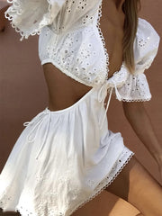 White Doily Tie-Up Puff Sleeve Hollow Out Mini Dress - Free From Label