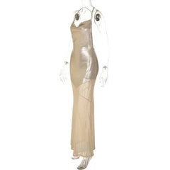 Metallic Spaghetti Strap  Mesh Mermaid Maxi Dress