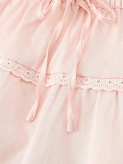 Pink Short Sleeve Button Up Top And Eyelet Trim Mini Skirt