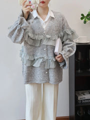 Pearl Button Ruffle Trim Cardigan