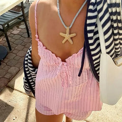 Stripe Ruffle Drawstring Cami Top And Elastic Waist Shorts Set