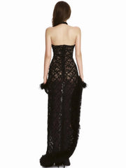 Lace Halter Neck Fur Trim Patchwork Side Split Midi Dress