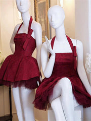 Red Jacquard Puffy Halter Mini Dress