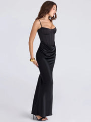 Black Corset Strap Drape Satin Maxi Dress