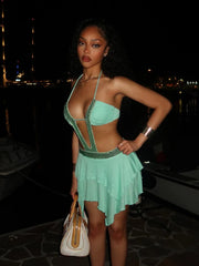 Green Sequin Cut Out Frill Hem Mini Dress