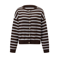 Striped Knit Round Neck Button Down Cardigan