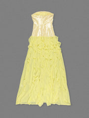 Yellow Strapless Sequin Ruffle Fringe Mesh Maxi Dress