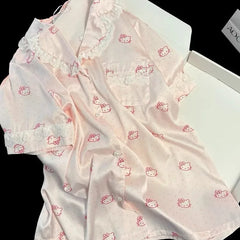 Pink Hello Kitty Ice Satin Shirt And Shorts Pajama Set