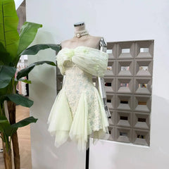 Off-shoulder Corset Mesh Pleated Patchwork Mini Dress