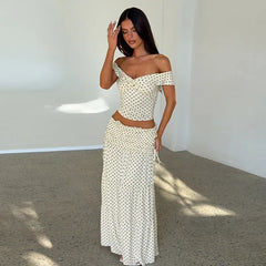 White Polka Dot Crop Top And Side Bow Skirt Set