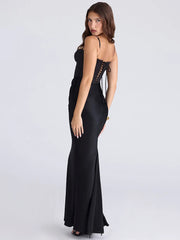 Black Corset Strap Drape Satin Maxi Dress