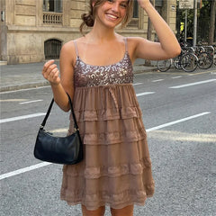 Sequin Bust Spaghetti Strap Tiered Ruffle Babydoll Mini Dress