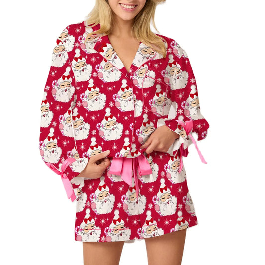 Christmas Satin Button Down Shirt And Pajama Shorts Set