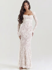 White Lace Print Long Sleeve Maxi Dress - Free From Label