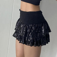 Black Sequins Tiered Layered Mini Skirt