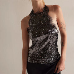 Sequin Halter Lace Trim Open Back Tank Top