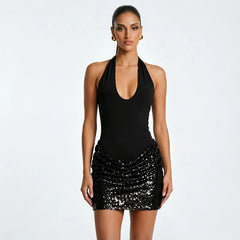 Sequin Patchwork Halter Tank Mini Bodycon Dress