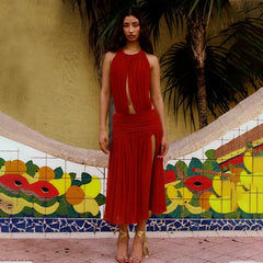 Deep Open Back Sheer Halter Maxi Dress