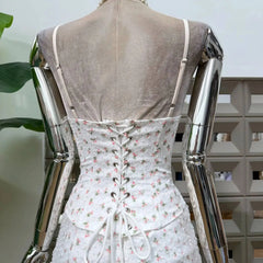 Floral Corset Strap Bow Corset And Mesh Overlay Mini Skirt Set