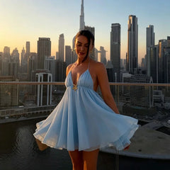 Metal-Embellished Strappy V-Neck A-line Mini Dress
