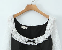 Black Long Sleeve Lace Hem Mini Dress