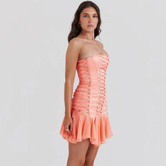 Satin Lace Up Bandage Strapless Mini Dress