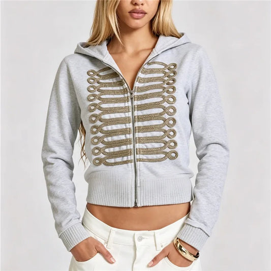 Gold Cord Embroidery Military Zip-Up Hoodie