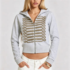 Gold Cord Embroidery Military Zip-Up Hoodie