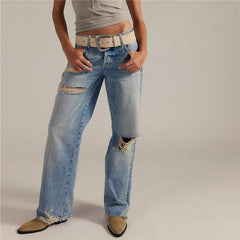Distressed Ripped Eyelet Rivet Embellished Denim Trousers