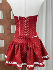 Dotted Strapless Lace Trim Corset Top And Mini Skirt Set