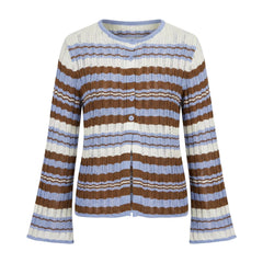 Striped Ribbed Distressed Long Flare Sleeve Button Top