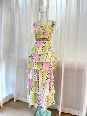 Floral Patchwork Pom Pom Trim Tiered Maxi Dress